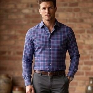 Peter Millar Mens Blue Purple Plaid Cotton Button Down Shirt MF22W13UBL Size M
